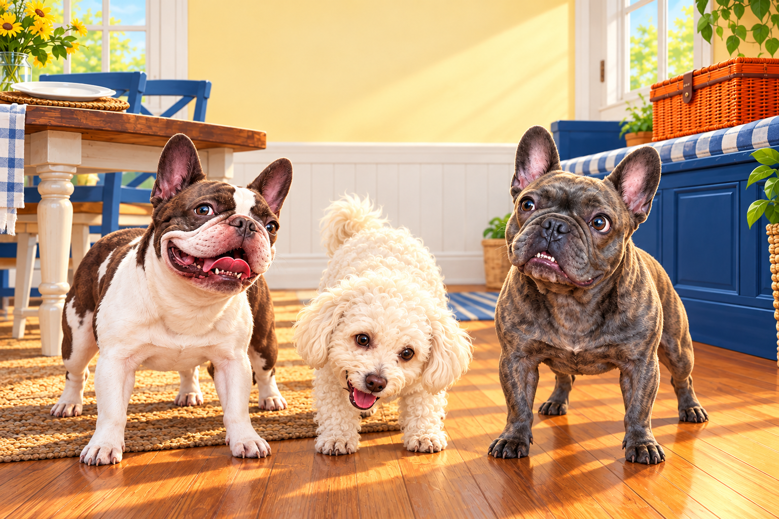 The three dogs together in their illustrated story world